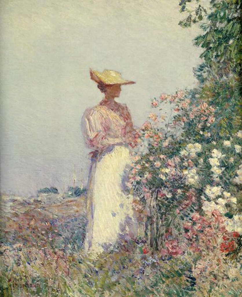 Lady in a Flower Garden, © Childe Hassam, oil on canvas, 17.5 X 14.5 inches